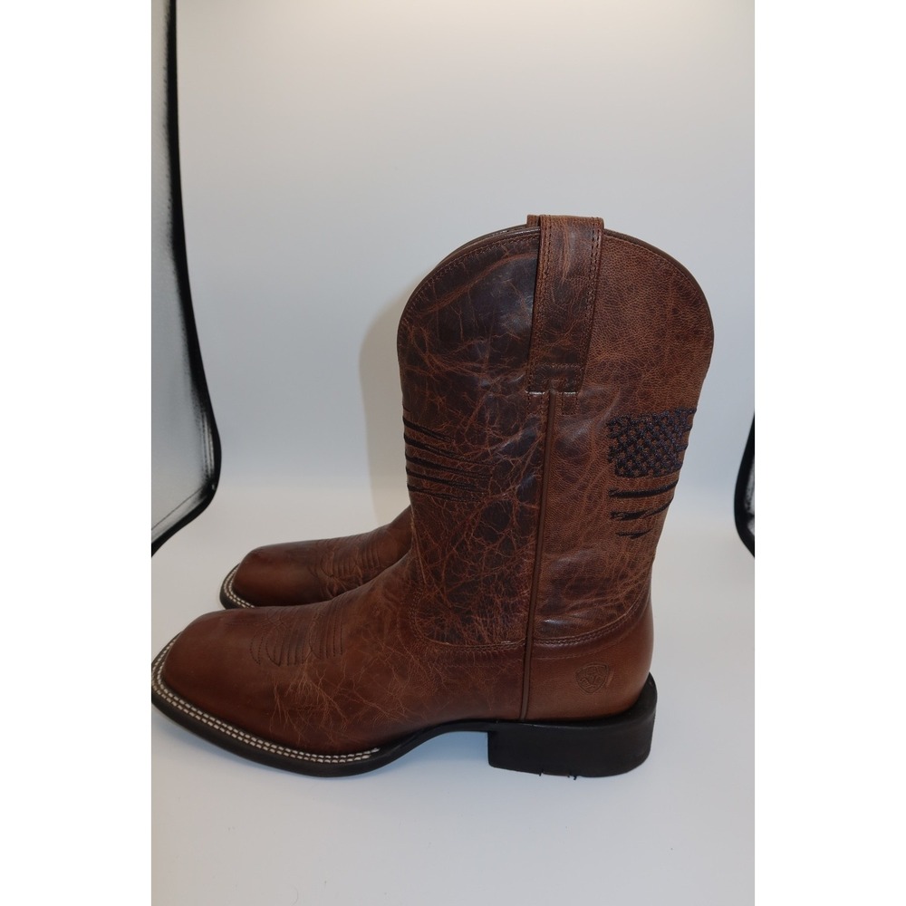 Ariat Brown Leather Western Cowboy Boots Men's 9.5 D Square Toe USA flag detail - Picture 6 of 8